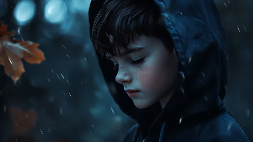 Melancholic hooded boy in rain with cinematic blue tones.