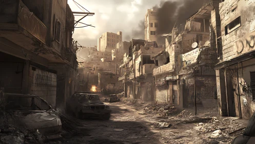 Urban street scene with extensive structural damage.