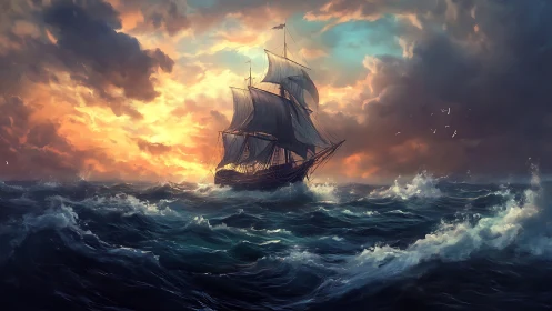 Storm-lit tall ship cutting through dramatic ocean swells.