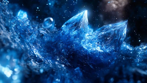 Luminous blue crystal shards in dynamic cosmic ice field.