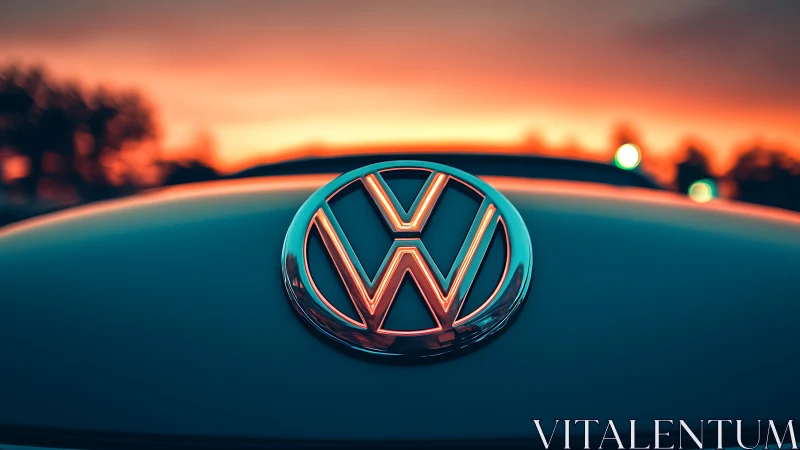 Volkswagen hood emblem gleams against vivid sunset sky.