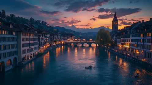 River city dusk drifts beneath glowing bridges and clocks.