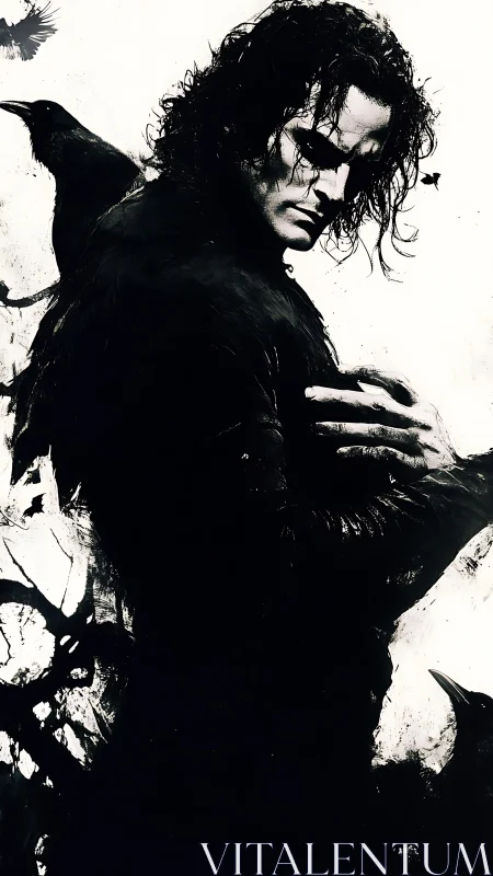 Monochrome figure with raven in high contrast shadow profile.