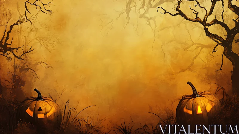 Glowing jack o lanterns flank eerie forest clearing at dusk