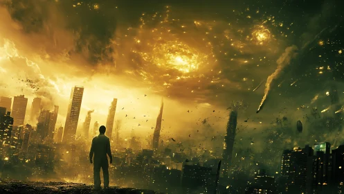 Solitary observer beneath apocalyptic plasma storm over megacity.