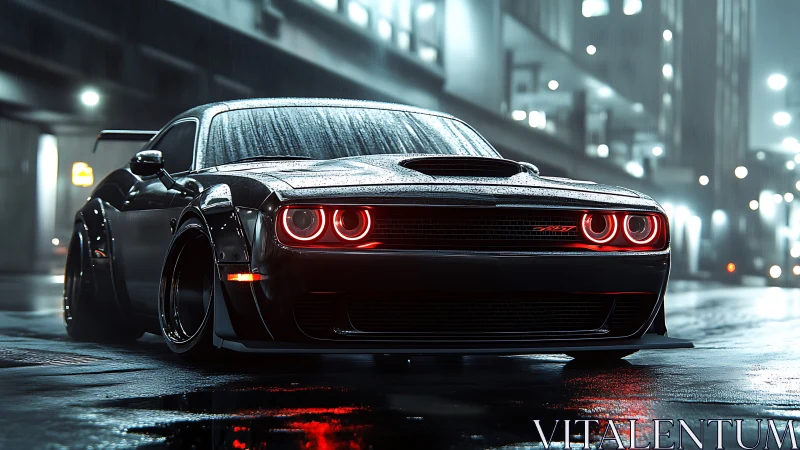 Black muscle car on wet night street with red headlights.