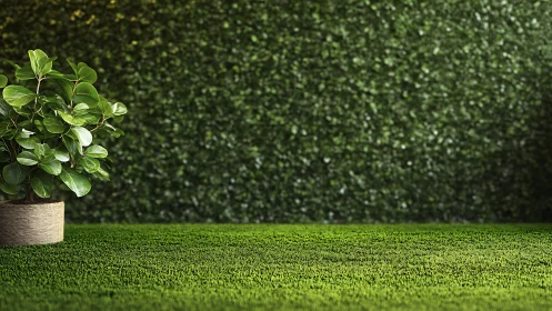 Potted shrub on lush turf before dense hedge wall.