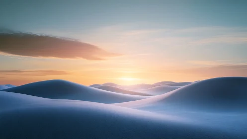 Sunrise light glides over smooth blue desert sand dunes