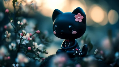 Ebonite felid figurine with bilateral pink facial features displaying depth-of-field bokeh