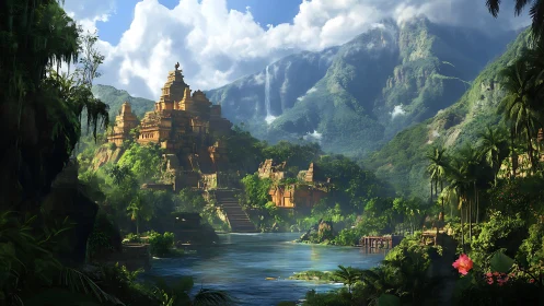 Sunlit jungle temple city beside a shimmering river escape.