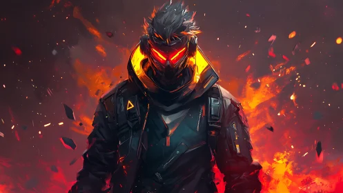 Cyber warrior stands amid swirling fire and embers.