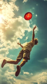 Person jumping outdoors reaching toward flying red disc.