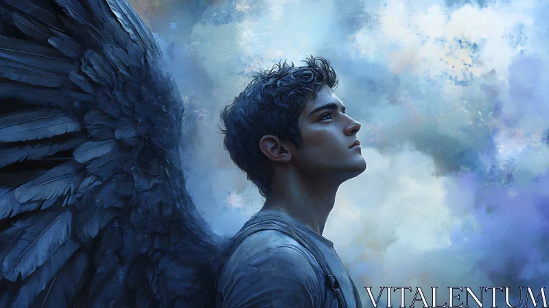 Solitary angelic figure rendered in cool atmospheric digital brushwork