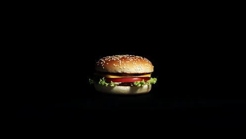 Isolated sesame burger on black background with dramatic rim light.