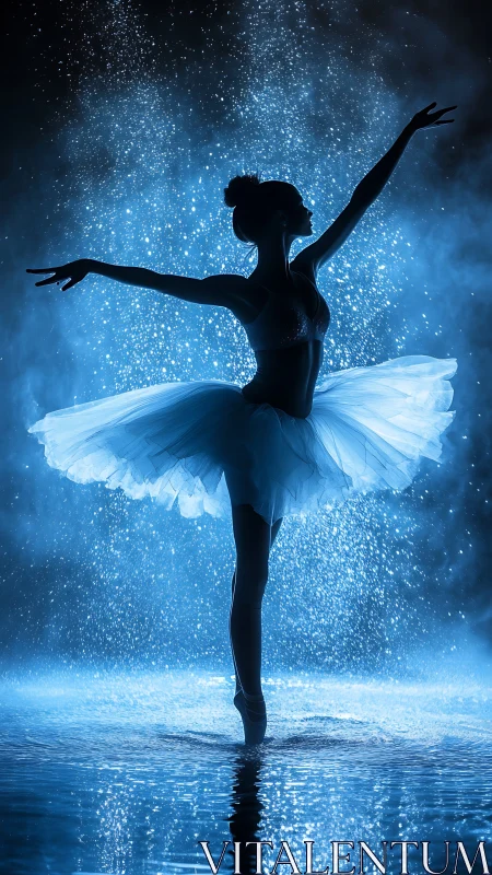 Graceful ballerina silhouette glows in dramatic blue rainlight