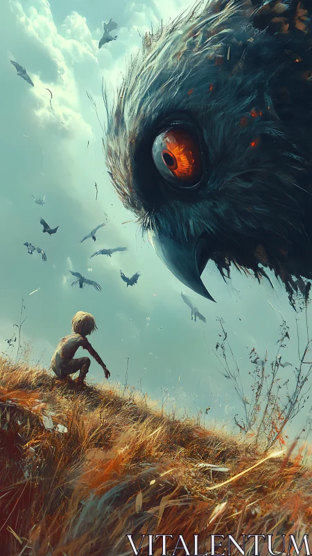 Giant hawk confronts lone child on windswept hillside.