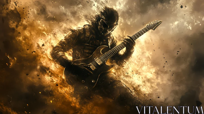 Armored figure playing electric guitar amid dense debris field.