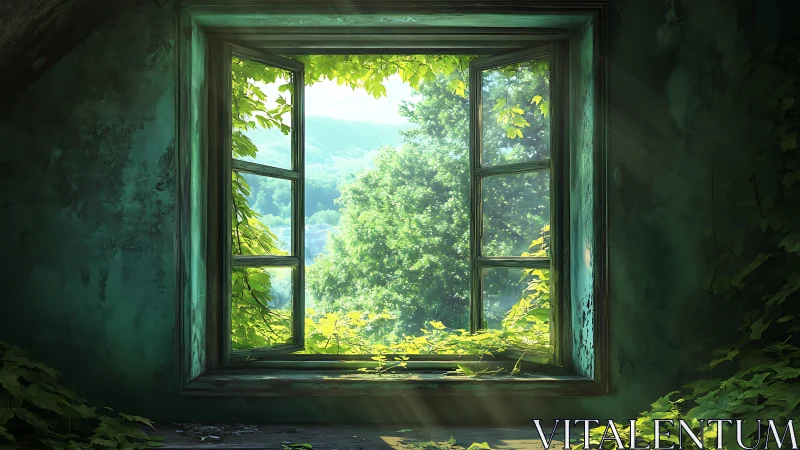 Sunlit forest view through a quiet ivy covered window.