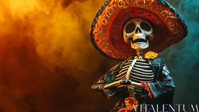 Day of the Dead skeletal figure in ornate sombrero portrait
