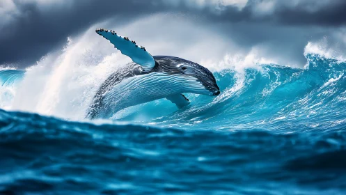 Storm-lit whale ballerina carving thunder into blue waves.