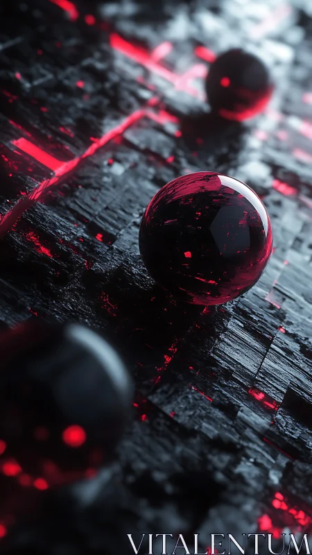 Red glass spheres rest on dark reflective circuit surface.