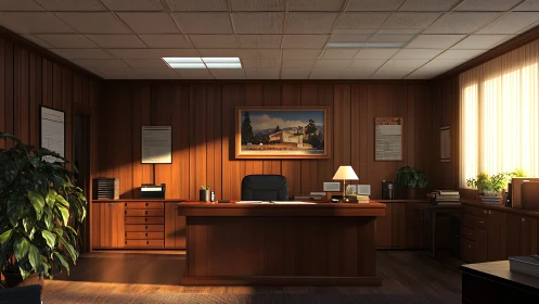 Sunset slants through a retro wood-paneled executive haven