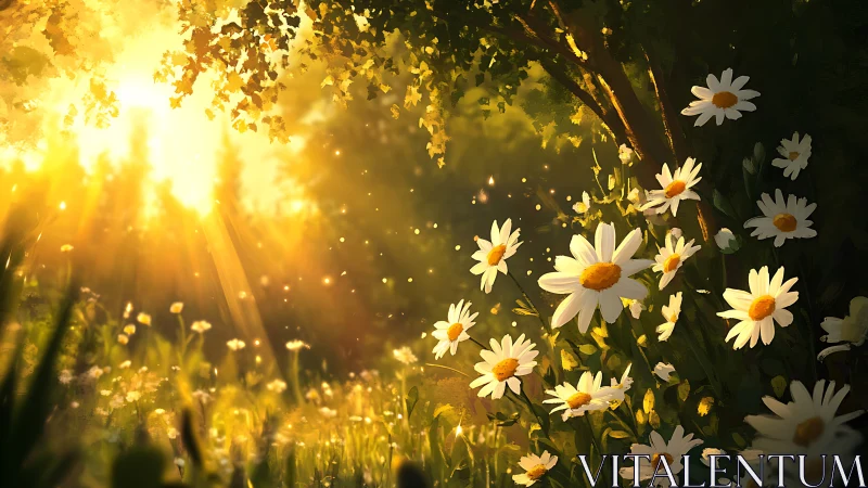 Sunlit meadow with white daisies under glowing trees.