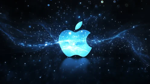 Glowing blue apple emblem amid swirling cosmic particles.
