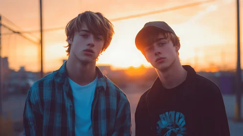 Two young males standing outdoors at sunset in urban area.