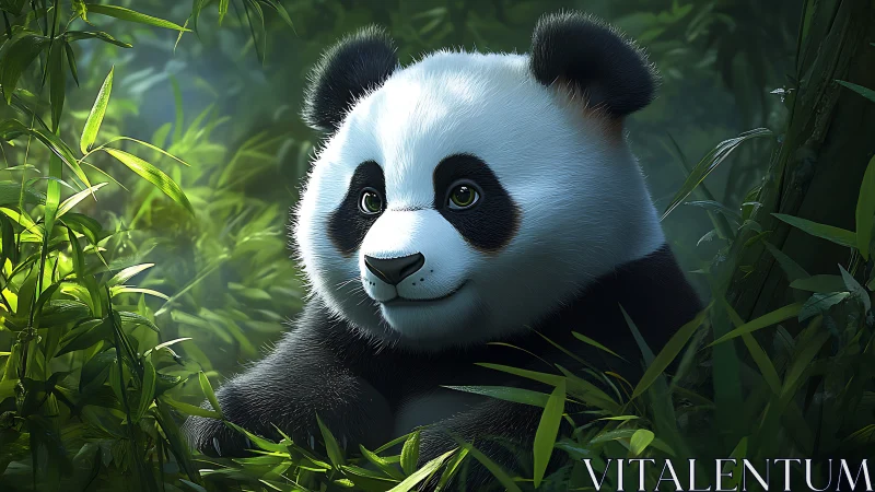 Digital panda character among dense green bamboo foliage.