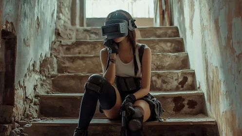 Female soldier with VR visor seated on worn concrete steps.