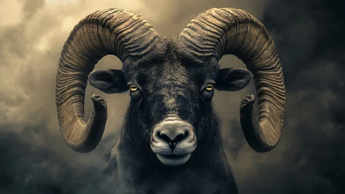 Stormlit ram portrait with imposing spiraled horns.