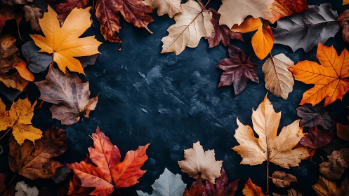 Autumn maple leaves frame on dark textured stone background.