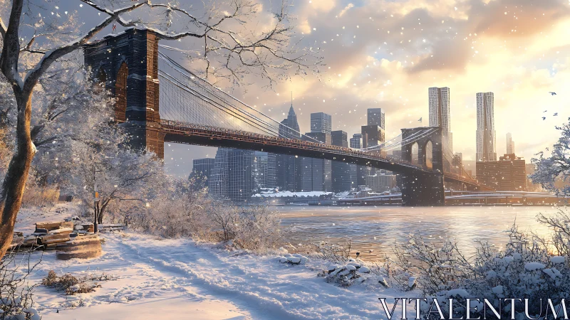 Brooklyn Bridge winter panorama with sunlit skyscraper skyline