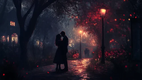 Romantic Silhouettes Under Crimson Bioluminescent Canopy.