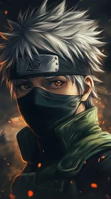 Masked silver-haired ninja portrait with ember-lit atmosphere.