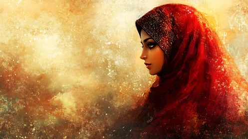 Portrait of woman in red headscarf against warm abstract field.