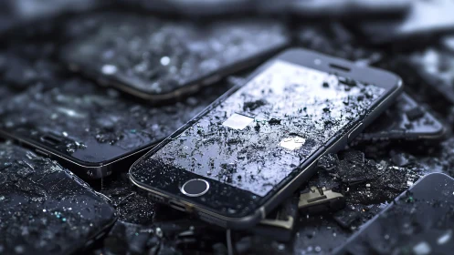 Broken smartphones lie scattered under reflective glass shards.