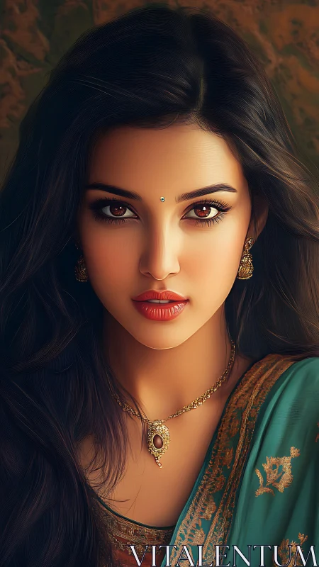 Digital portrait of woman in teal sari with gold jewelry.