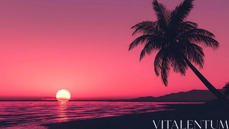 Palm tree silhouette against pink coastal sunset horizon.