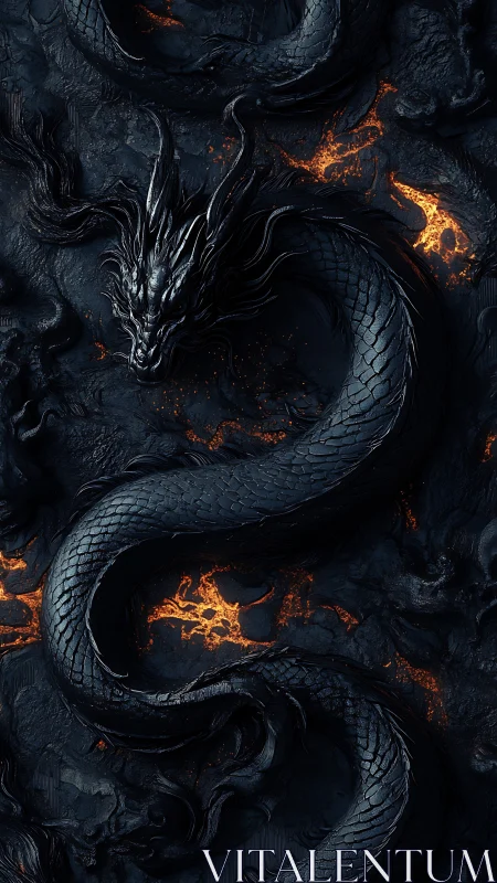 Midnight dragon coils above molten cracks and embers.