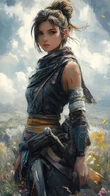 Female warrior stands in detailed landscape under cloudy sky