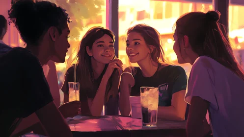 Group of Friends Laughing at Café Table, Warm Sunset Lighting.