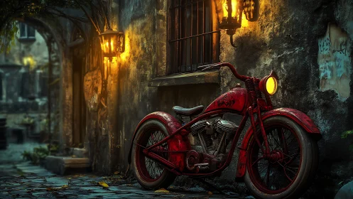 Red vintage motorcycle rests under warm alley lanterns at dusk
