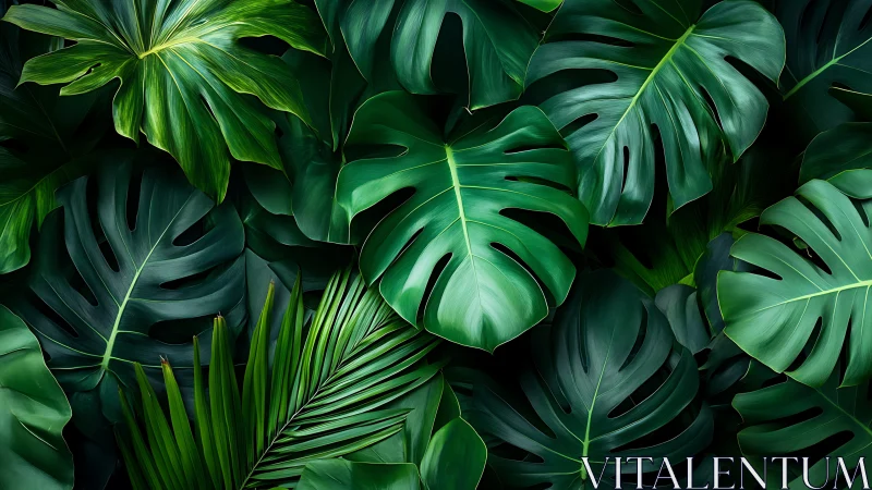 Lush monstera jungle leaves in calming layered greens.