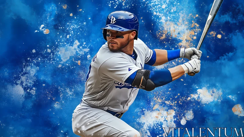 Baseball batter in white uniform swings against blue burst