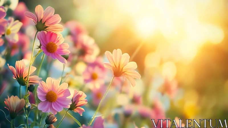 Golden hour daisies bathed in soft sunlight and warmth