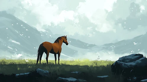 Solitary chestnut horse in misty mountain meadow panorama.