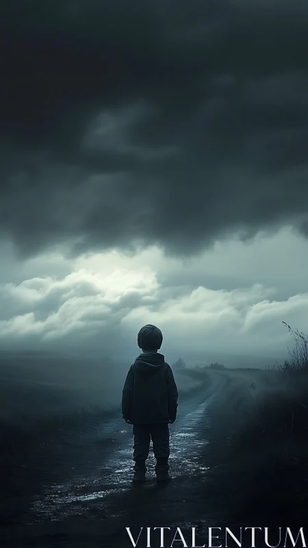 Small wanderer beneath storm-bellied twilight clouds.