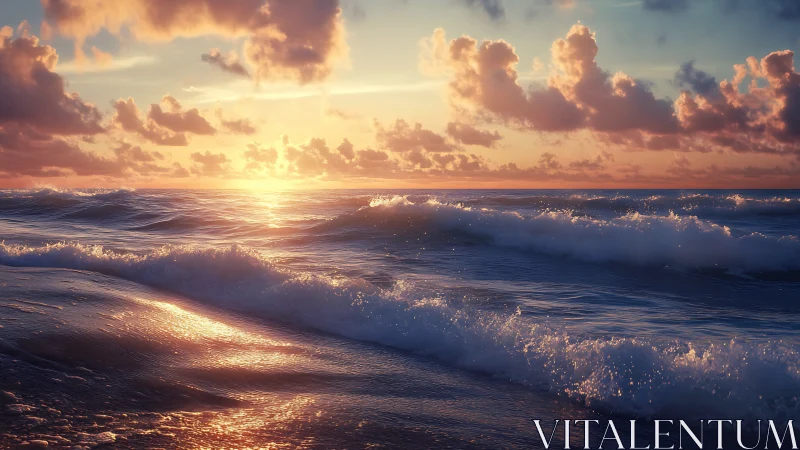 Sunlit ocean waves under dense clouds at sunset.